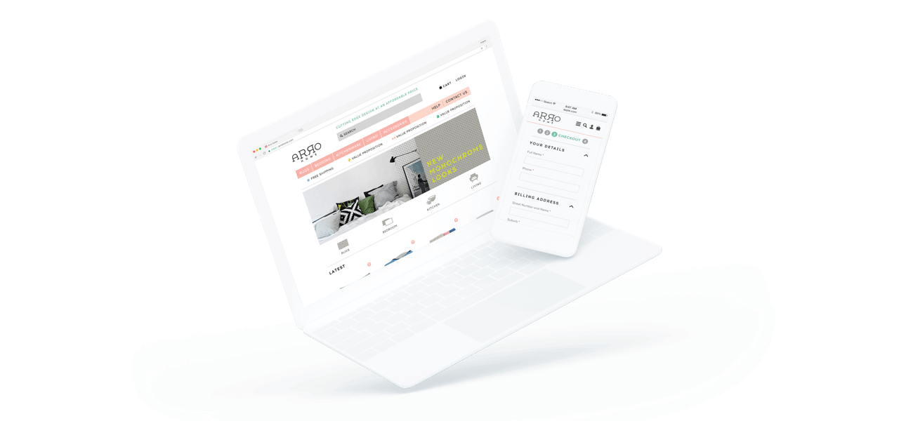 Mobile phone and computer showing screenshots of the Arro Home ecommerce web app