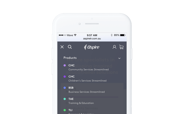 Mobile phone showing screenshot from Aspire Learning Resources ecommerce system by Wave Digital App Development in Melbourne