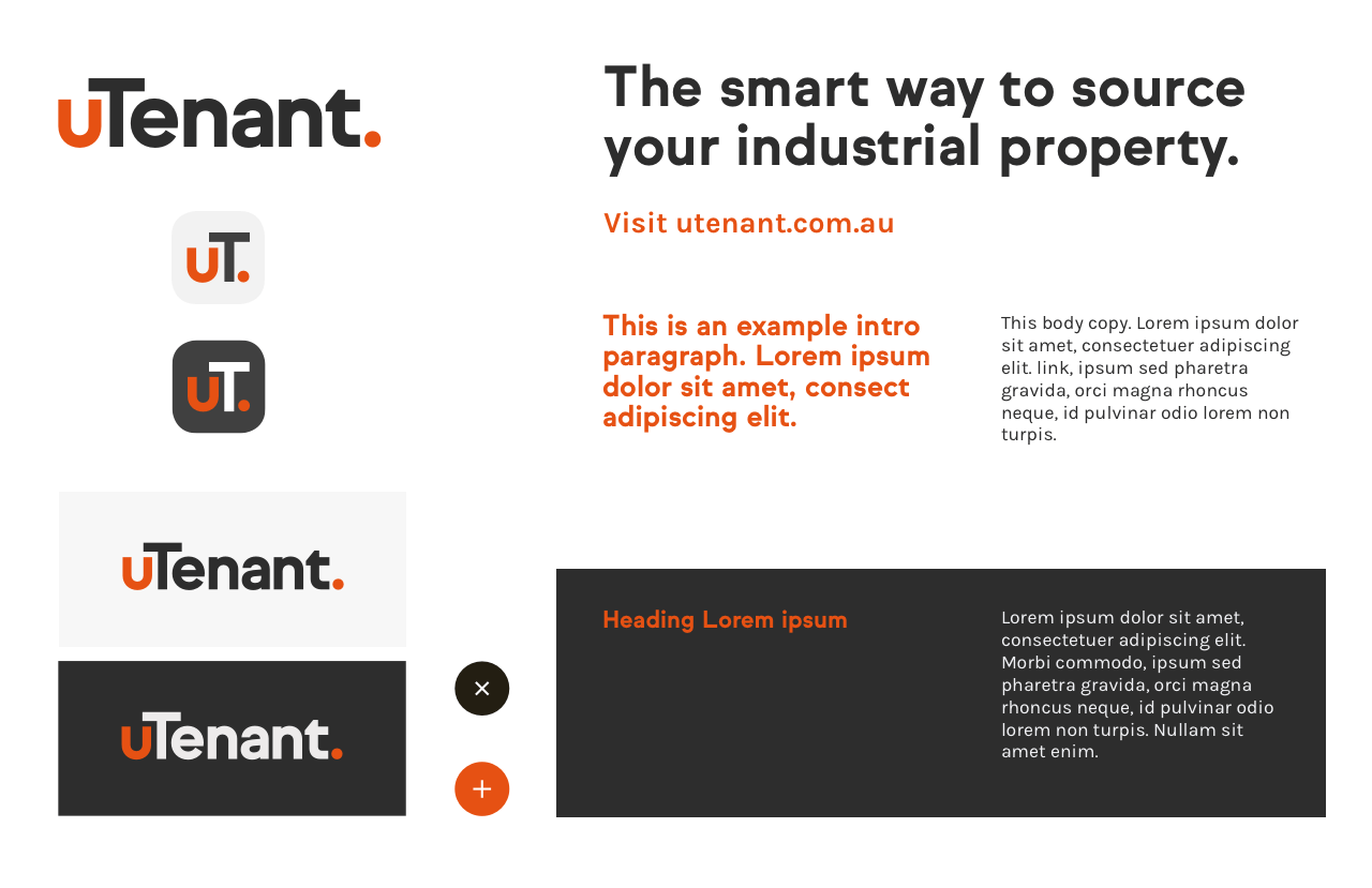 Visuals of the colour palette, fonts and icon for the uTenant web app