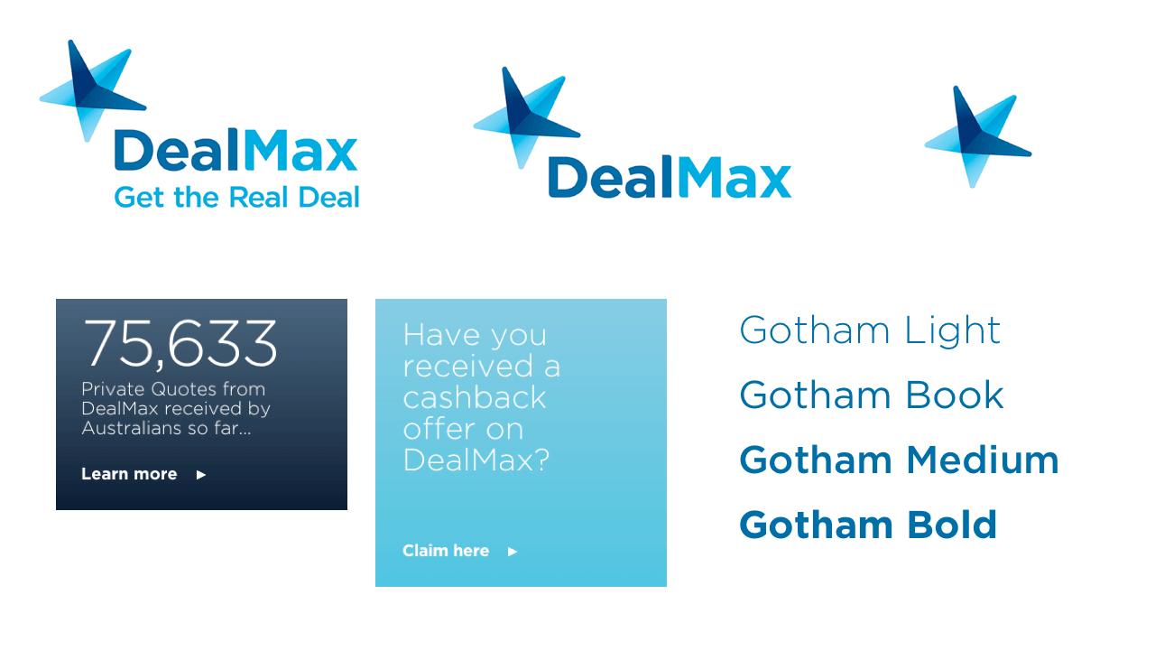 Visuals of the colour palette, fonts and icon for the DealMax responsive web app