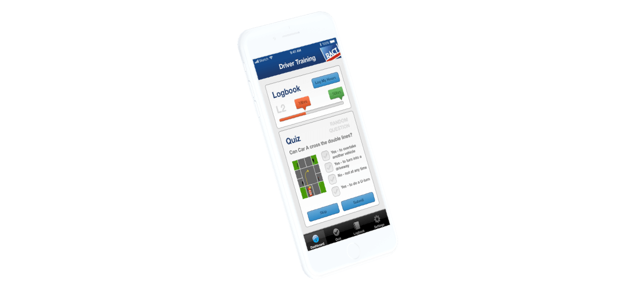 Mobile phone showing screenshot of the RACT Learner Driver App