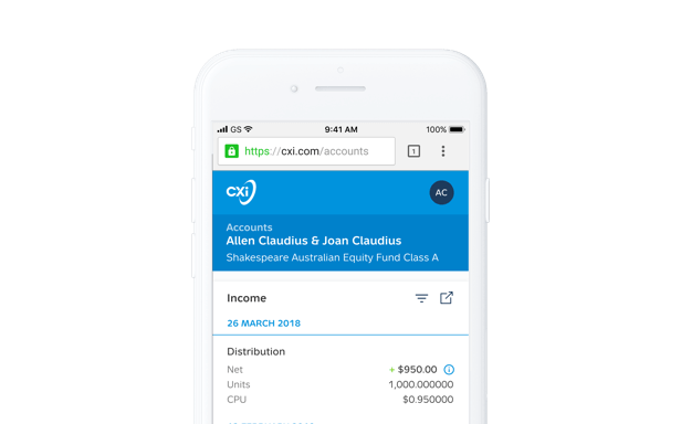 A mobile phone showing the CXi Software Investor Portal app by Wave Digital App Development in Melbourne