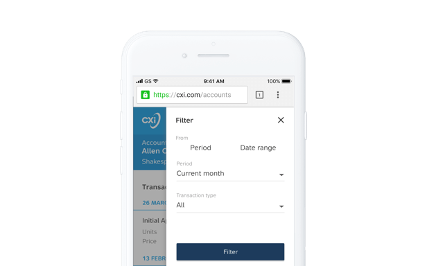 A mobile phone showing the CXi Software Investor Portal app by Wave Digital App Development in Melbourne