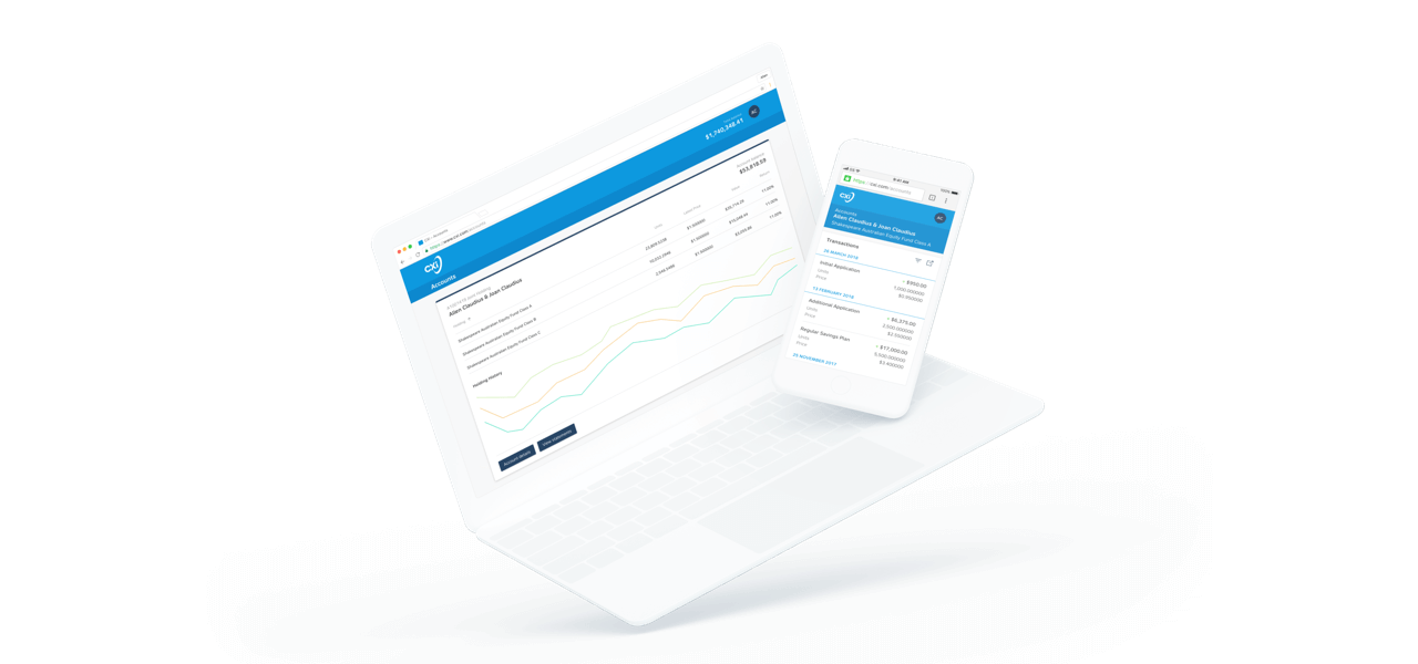 A computer and mobile phone showing the CXi Software Investor Portal app by Wave Digital App Development in Melbourne