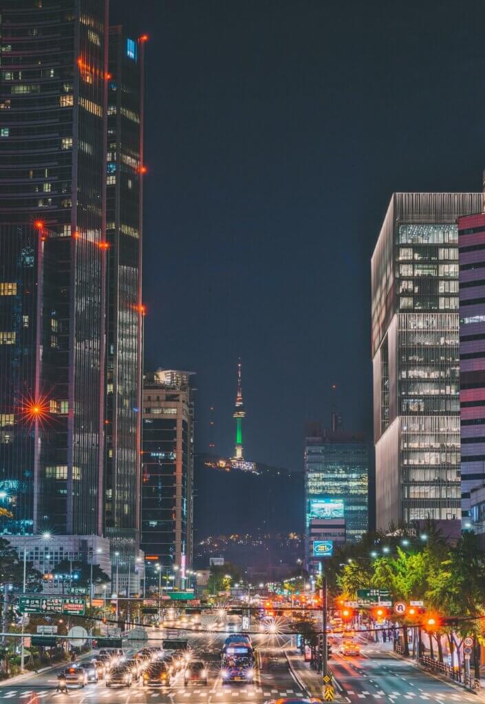 Photograph of a busy Seoul city at night.